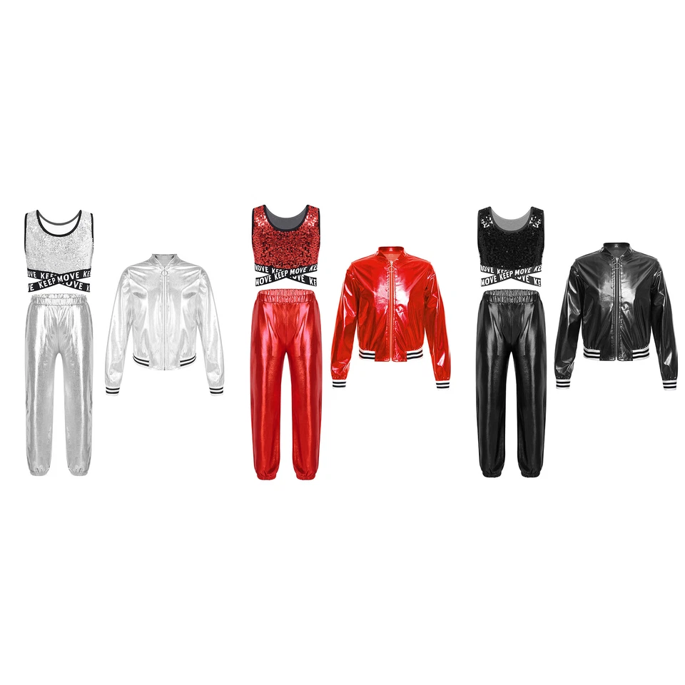 Kids Girls Dancewear Streetwear Outfit Crop Top Dance Pants Activewear Zipper - Image 3 of 3