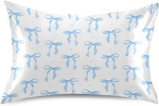 Blue Ribbon Bow Satin Pillowcase for Hair and Skin Silk Pillowcase, Standard
