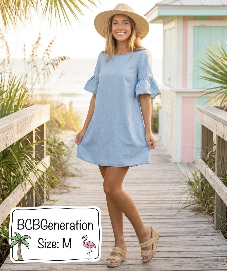 bcbgeneration denim dress BCBG Women's Button-Front Balloon Sleeve Mini Denim Dress