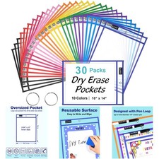30 Packs Oversized Reusable Dry Erase Pockets 10 Assorted Colors 10x14 Clear