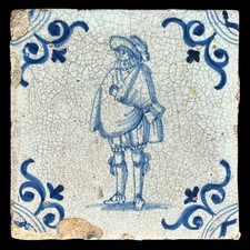 ULTRA RARE 'NOBLEMAN IN SLING' c.1650 antique Dutch Delft Blue Hand-Painted Tile