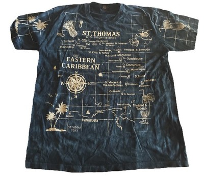 Vtg St Thomas U.S. Virgin Islands Map Graphic T-Shirt Mens XL Blue Cocktails