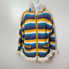 Vintage Incas Arts Crafts Striped Wool Jacket With Fringe Trim Pockets