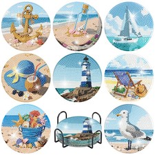 8 Pcs Beach Diamond Art Coasters Kits with Holder 4X4 Inch