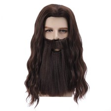 Mens Brown Wigs Long Curly Hair Wig With Mustache Heat Resistant Synthetic Wi...
