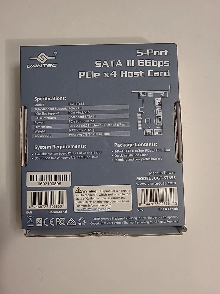 Vantec 5-Port SATA III 6Gbps PCIe X4 Host Card UGT-ST655 - Image 3 of 4