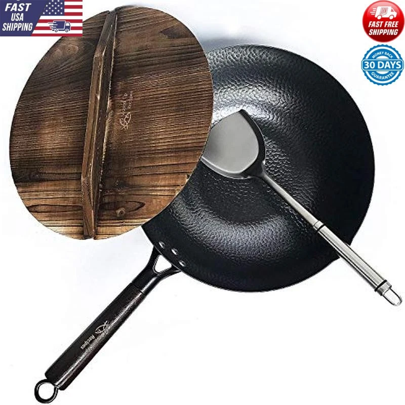 6 Liters Carbon Steel Wok Flat Bottom Lid Spatula High Heat Cooking Wooden Cover