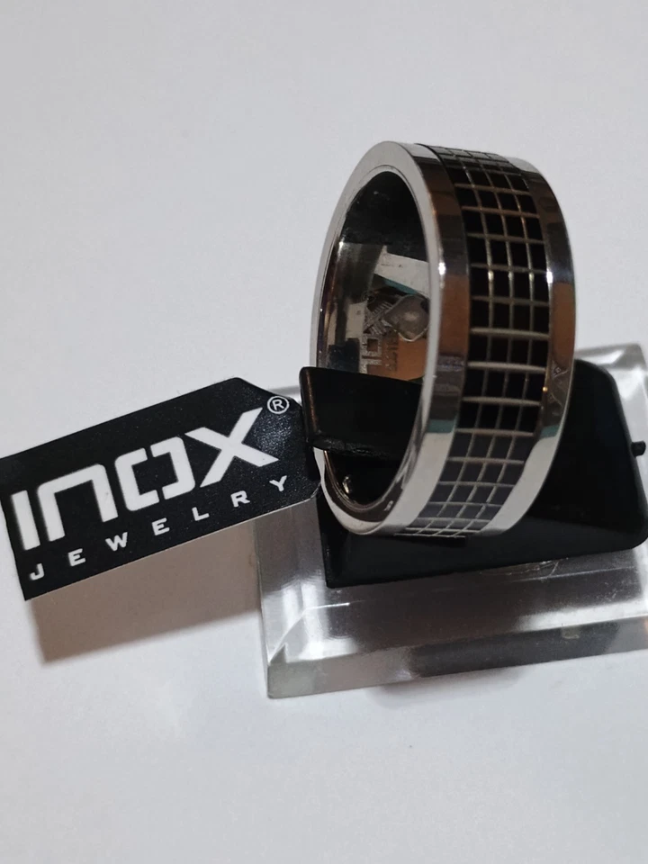 Silver  INOX Stainless Steel 316L  Ring Band – Black Square Design, Size 12 - Image 3 of 4