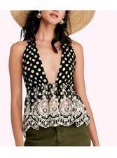 Image of New Free People Black Polka Dot V Neck Sleeveless Tank Top Size Medium