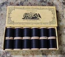 J & P Coats Wood Spool Best 6 Cord Black Cotton Thread Box Of 12 80 YDS EA. VTG