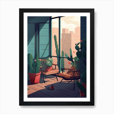 Kaktus Balkon Illustration 2 Kunst P gerahmt Wandbild Poster Leinwanddruck Bild