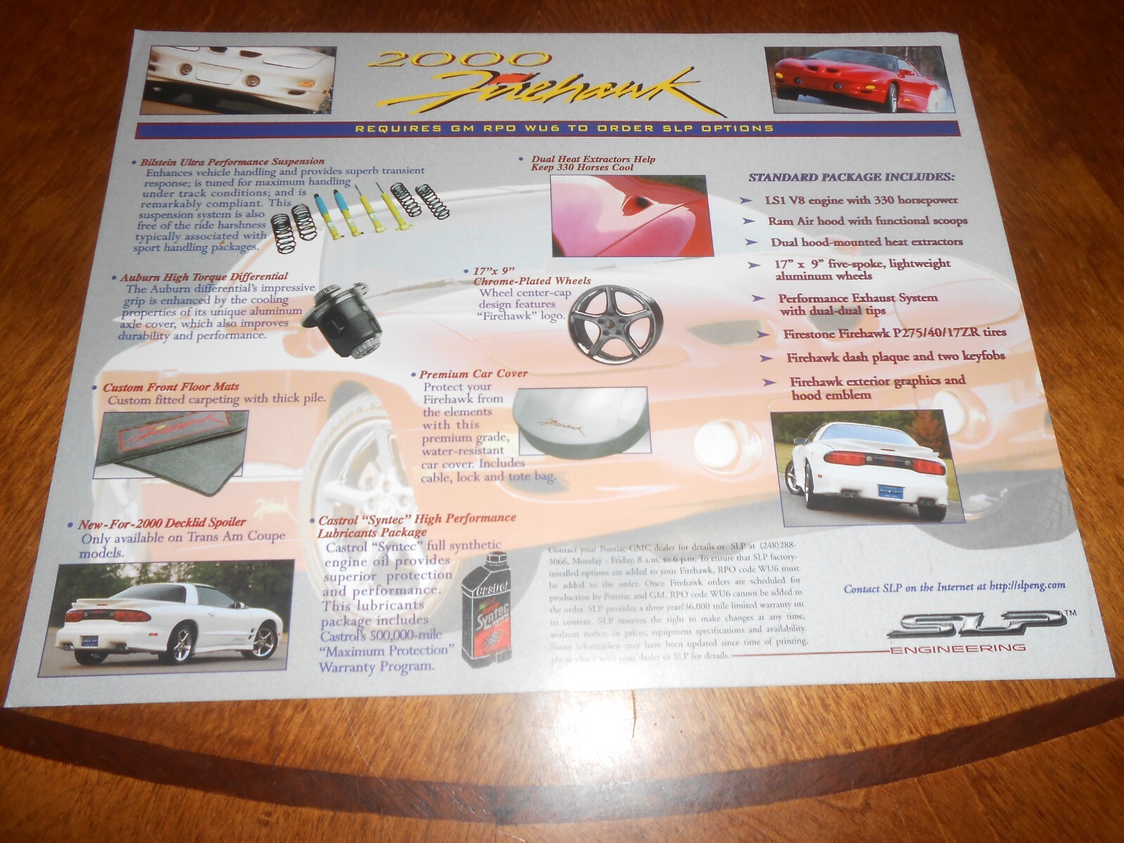 Slp Engineering 2000 PONTIAC FIREBIRD FIREHAWK BROCHURE / SLP ENGINEERING 2-Sided SPEC ...