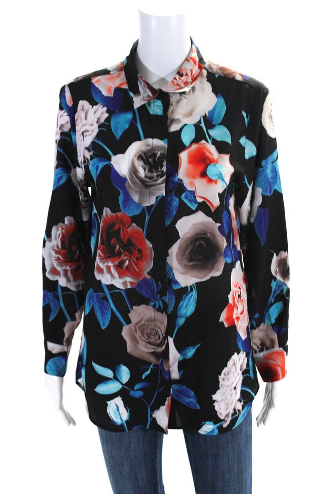 MSGM Womens Crepe Floral Printed Collared Button Up Blouse Top Black Size S