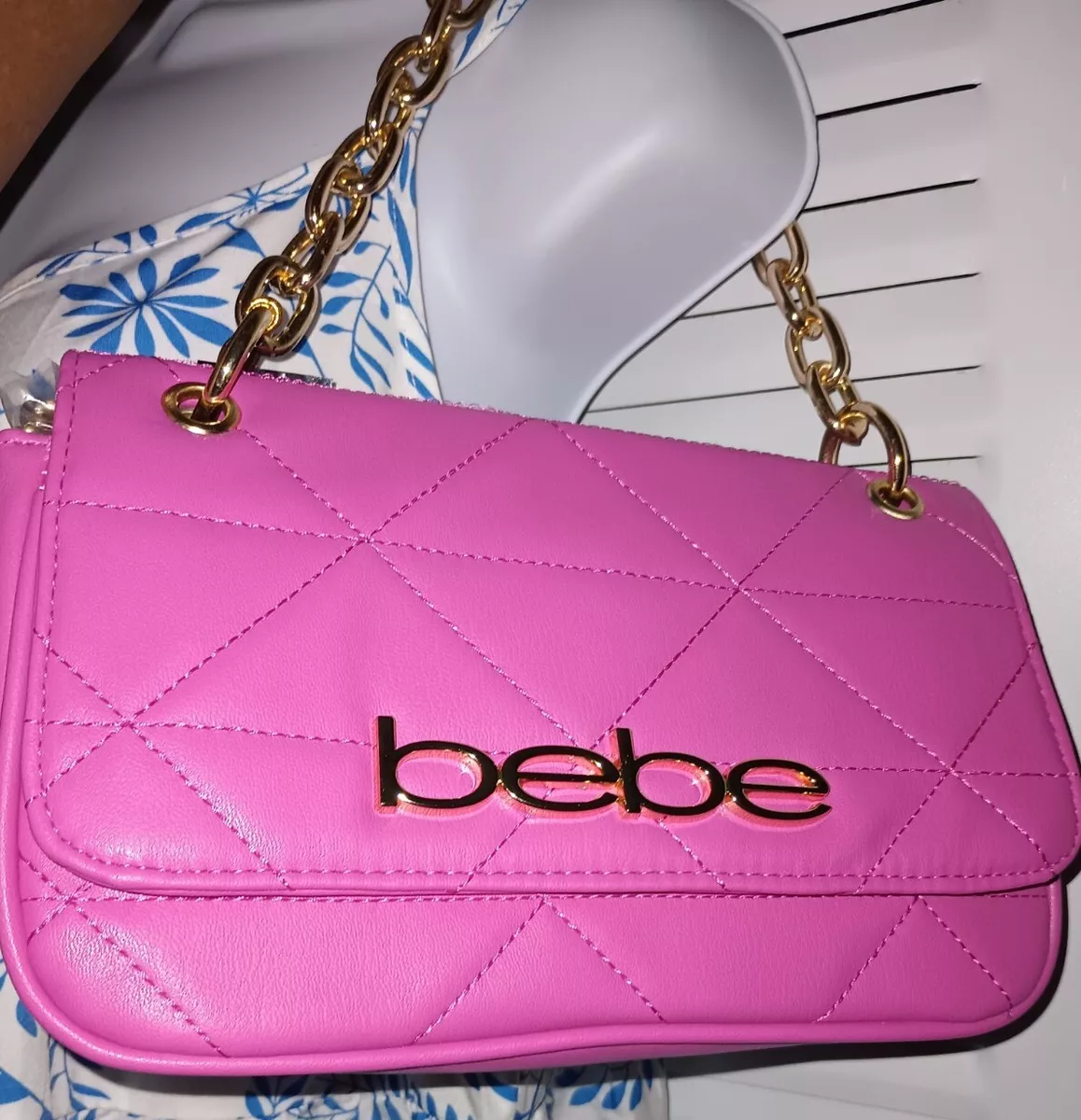 RARE Bebe GIA Quilted Shoulder CROSSBODY Hot Pink Gold Chain