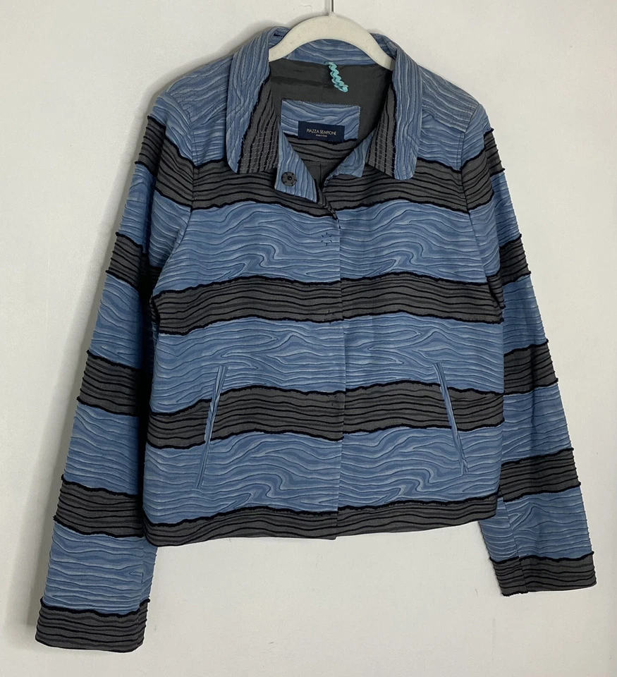Блейзер квадратный Piazza Sempione Италия синий и серый хлопок текстурированные волны размер 12 - Изображение 2 из 4