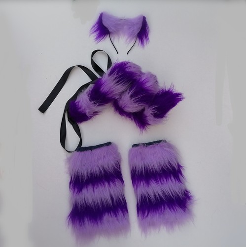 Lilac & Purple Cat Ears Headband & Leg Warmers & Spiral Tail Cosplay Set