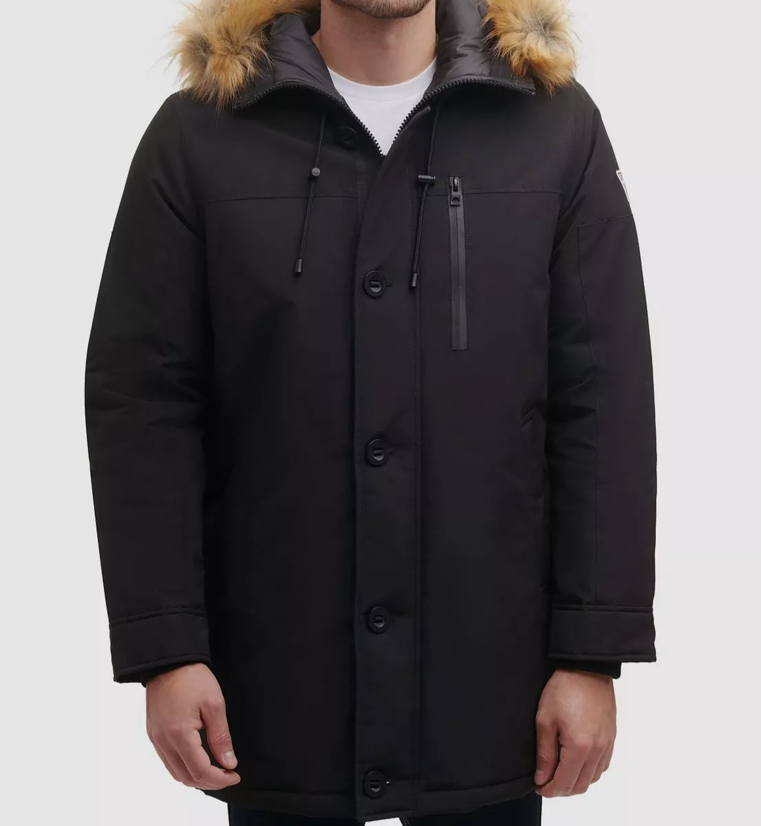 325 Guess Men s Black Front Zip Logo Faux Fur Hooded Parka Coat Jacket Size M eBay