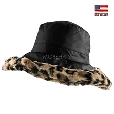 Morehats Plush Bucket Hat Faux Fur Warm Leopard Outdoor Ski Winter Hat Women Men