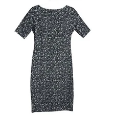 Maggy London Sz 6 Burnout Micro Floral Print Midi Sheath Dress Stretchy Navy