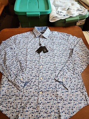 Quieti Men's MEDIUM L/S Blue Floral 100% Fine Cotton Button Down NWT. GB24