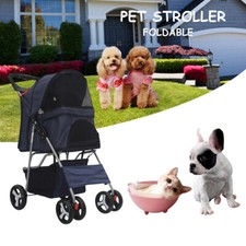 4 Wheels Pet Dog Stroller Travel Carriage w/ Carrier Cart  Cup Holder Dark Blue