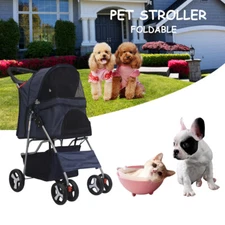4 Wheels Pet Dog Stroller Travel Carriage w/ Carrier Cart & Cup Holder Dark Blue