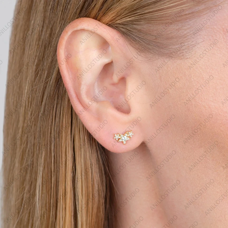 Natural Diamond Mini Trio Star Stud Earrings , 14k Yellow Gold Gift For Wedding - Image 2 of 3