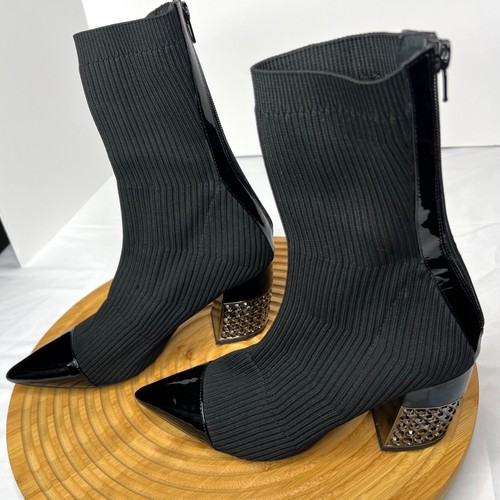 Jeffrey Campbell Elastic Bootie In Black Sock Patent Accent & Rhinestone Heel - Picture 3 of 8