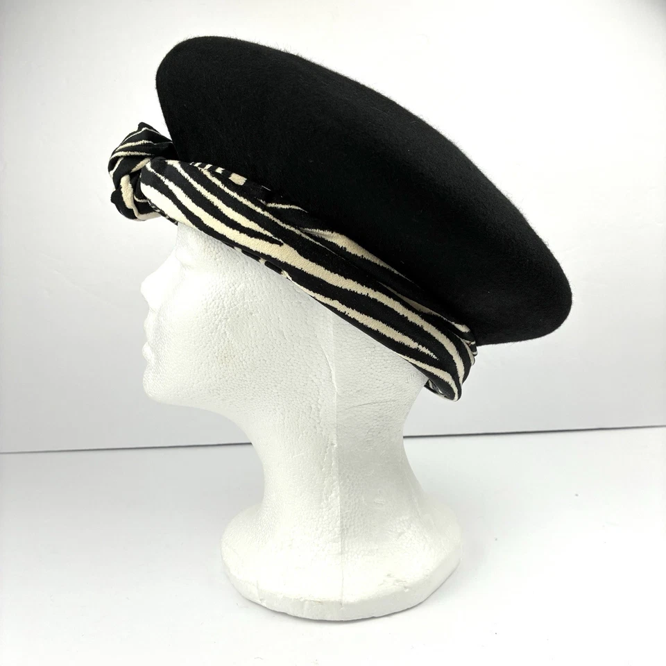Boina de Lana Kokin New York De Colección Sombrero M Talla 7 Negro Banda a Rayas Cebra Retro Usado en Excelente Condición Foto 4 de 4
