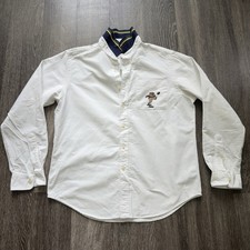 Polo Ralph Lauren Men Button Up Shirt Sz L White Bear Football Logo Embroider