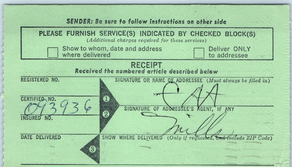 c1970 Оклахома-Сити, OK США Сертифицированная почтовая квитанция форма 3811 C60 - Изображение 2 из 3