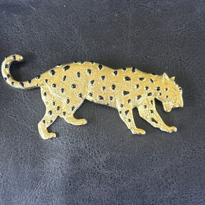 Vintage Sleek Cheetah Panther Scatter Pin Brooch 3.5  Brushed Gold Tone Enamel