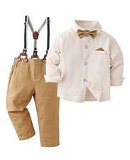 Baby Boy Clothes Suits Toddler Dress Shirt With Bowtie Suspender 2-3T Beige