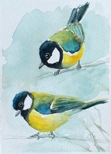 Meise Original Wasserfarben Malerei, Vogel Aquarell Gemälde, 13x18 cm