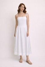 ASTR The Label White Smocked Midi Dress Womens L Cotton Lined Pockets NWT