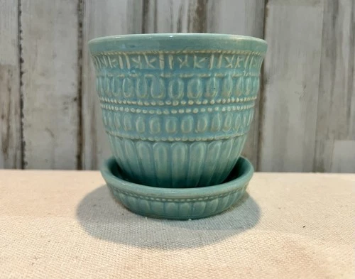Turquoise Green Blue McCoy Planter With Attached Saucer MCM Ceramic Pottery