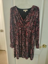 Michael Kors Women L Paisley V-Neck Long Ruffle Sleeve Empire Waist Dress Boho