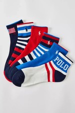 POLO RALPH LAUREN Quarter Ankle Socks Mens Red White Blue USA 6-Pack Performance