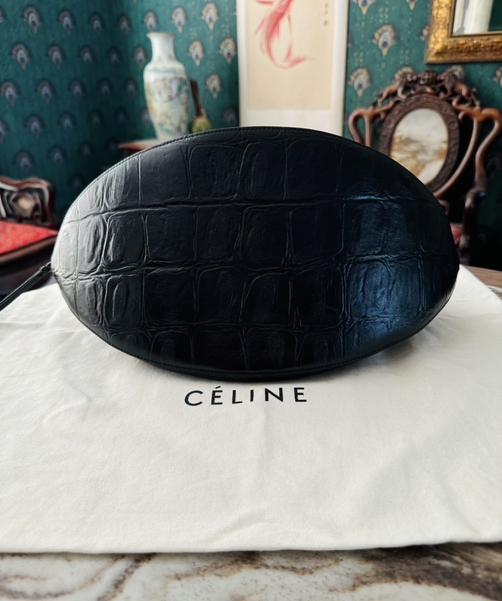 Authentic Celine $4100 Black Curved Phoebe Philo Moon Smile Croc Luggage Bag image 3