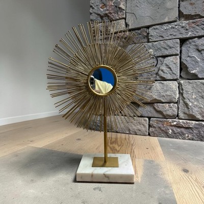 Vintage MCM Retro Metal Table Mirror Atomic Sunburst on Marble Base Sculpture Gr