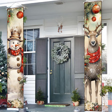 Christmas Porch Sign Banner Merry Christmas Snowman Deer Door Banner for Xmas Ho