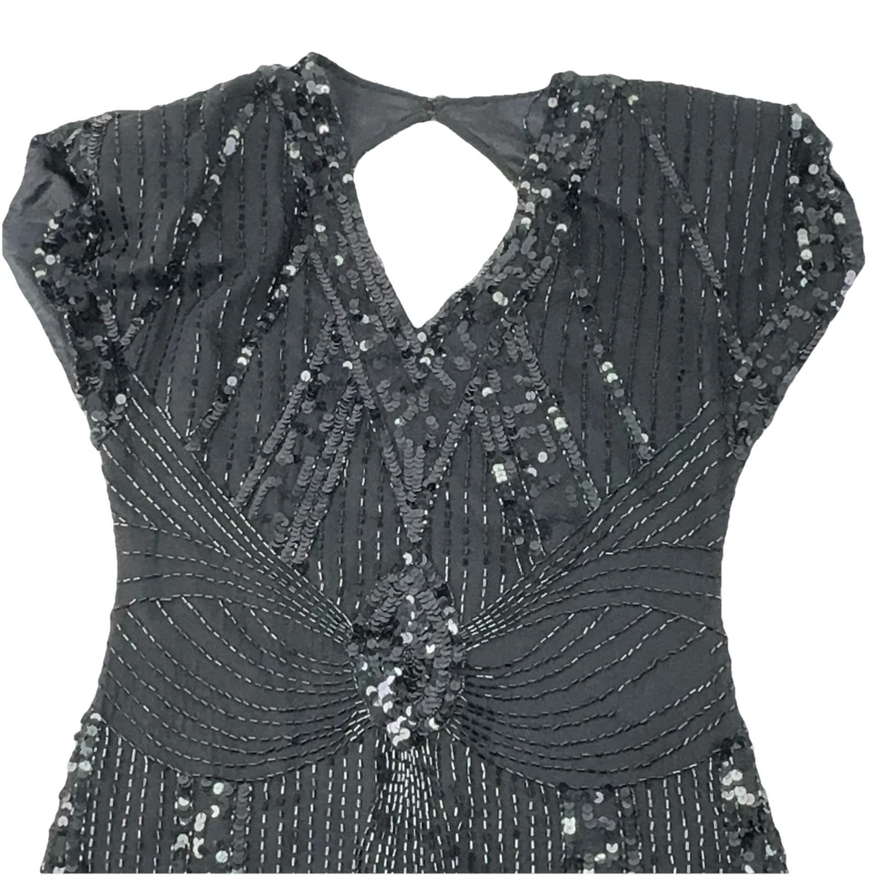 Lillie Rubin Vintage 80s Sequin Party Mini Dress Keyhole Back Black Silk Sz S - Image 2 of 4