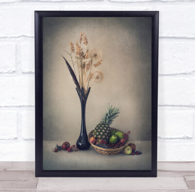 Stillleben Ananas Vase Blume Blumen Korb Obst Apfel Birne Wandbild Druck