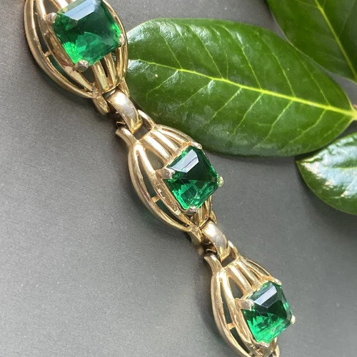 Art Deco Vintage Bracelet Emerald Glass Estate Jewelry Pre-Owned Gold Plated 7"