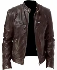 Cafe Racer Biker Leather Jacket  Black & Brown Soft Sheep Skin Leather 