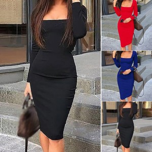 Donna Abito Festa Vestito Aderente Moda Manica Lunga Elegante collo  Quadrato | eBay