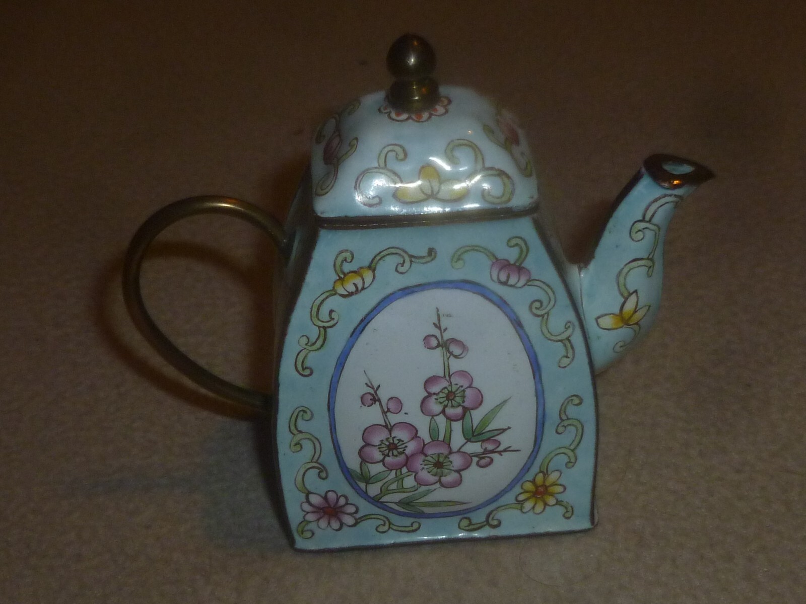 MINI ENAMEL TEA KETTLE TEAPOT KELVIN CHEN 1999 DECORATIVE FLOWERS BLUE