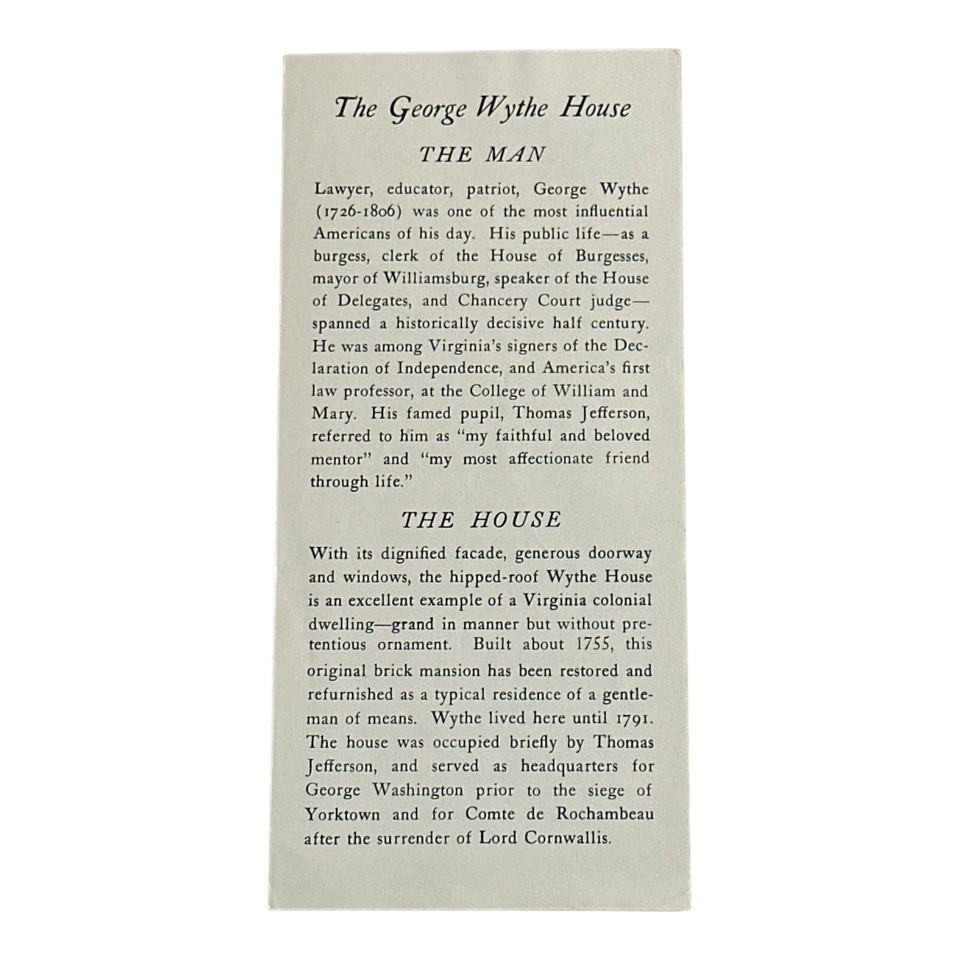 The Wythe House Williamsburg Virginia Travel Tourist Brochure