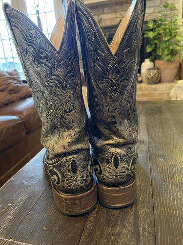 Botas Corral Python Incrustaciones Mujer 8M Negro Cuero Envejecido Puntera Cuadrada A2402 - Imagen 4 de 7