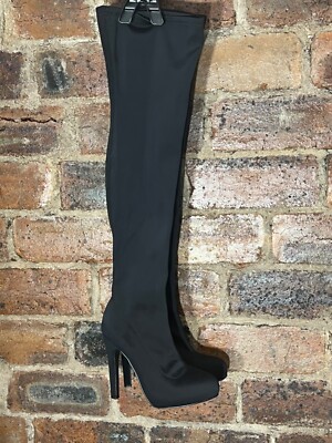 RIVER ISLAND BLACK FABRIC OVER KNEE CONCEALED PLATFORM BOOTS SIZE  UK